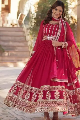 Pink zari & sequins embroidered work georgette stitched kurta & dupatta set