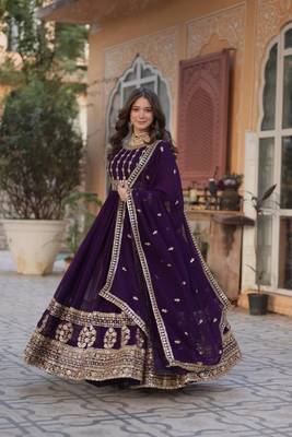 Wine zari & sequins embroidered georgette kurta & dupatta set 1