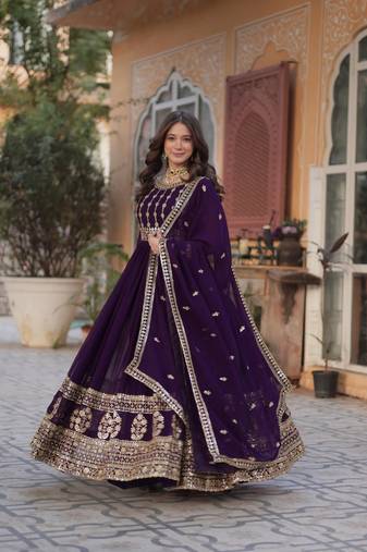 Wine zari & sequins embroidered work georgette stitched kurta & dupatta set