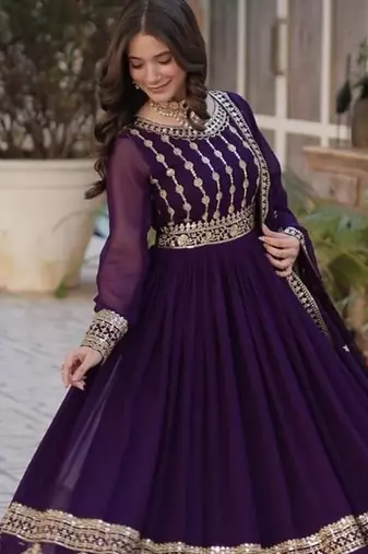 Wine zari & sequins embroidered georgette kurta & dupatta set