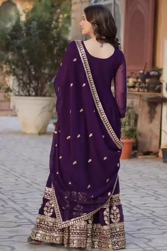 Wine zari & sequins embroidered georgette kurta & dupatta set