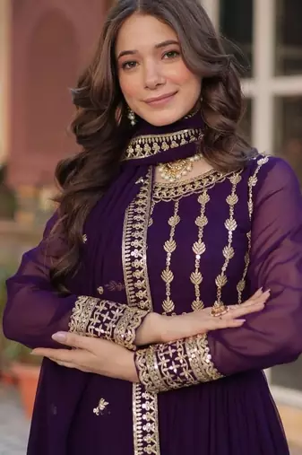 Wine zari & sequins embroidered georgette kurta & dupatta set