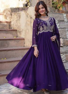 Purple zari & sequins embroidered georgette kurta & dupatta set 1