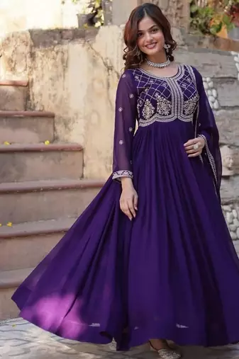 Purple zari & sequins embroidered work georgette stitched kurta & dupatta set