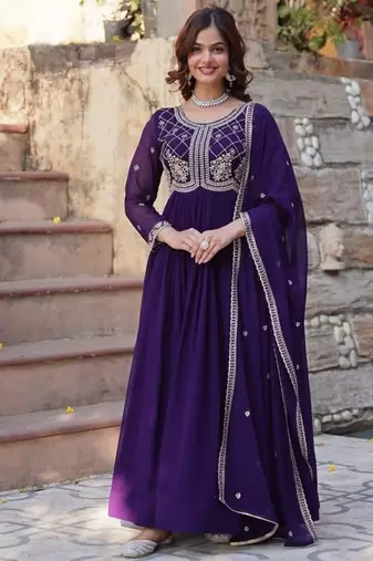 Purple zari & sequins embroidered georgette kurta & dupatta set