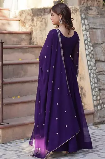 Purple zari & sequins embroidered georgette kurta & dupatta set