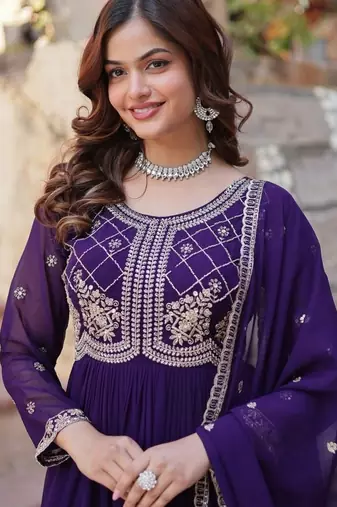 Purple zari & sequins embroidered georgette kurta & dupatta set