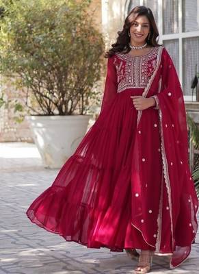 Pink zari & sequins embroidered georgette kurta & dupatta set 1
