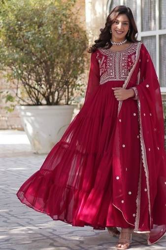 Pink zari & sequins embroidered work georgette stitched kurta & dupatta set