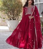 Pink zari & sequins embroidered work georgette stitched kurta & dupatta set