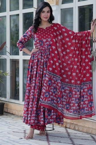 Maroon floral printed cotton stitched kurta , plazzo & dupatta set