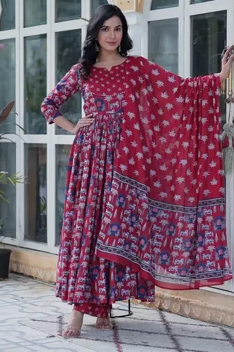 Maroon floral printed cotton stitched kurta , plazzo & dupatta set