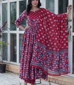 Maroon floral printed cotton kurta , plazzo & dupatta set