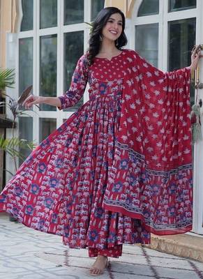 Maroon floral printed cotton kurta , plazzo & dupatta set 2