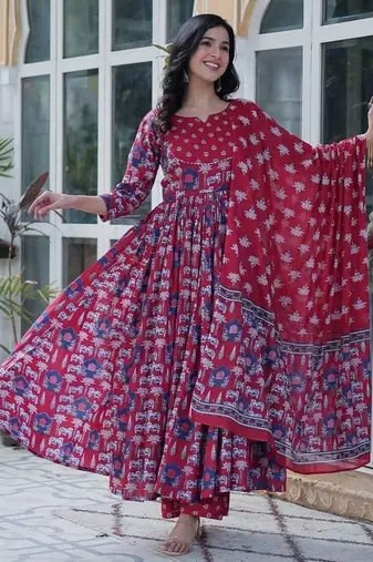 Maroon floral printed cotton kurta , plazzo & dupatta set