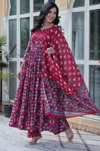 Maroon floral printed cotton kurta , plazzo & dupatta set