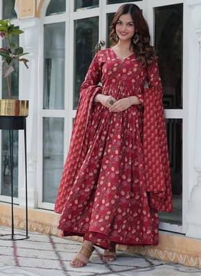 Maroon floral printed cotton kurta , plazzo & dupatta set 1