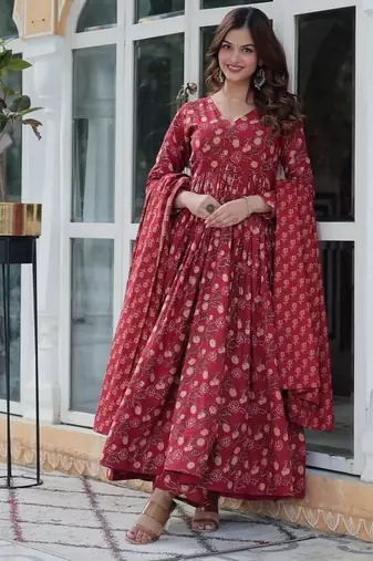 Maroon floral printed cotton stitched kurta , plazzo & dupatta set