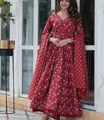 Maroon floral printed cotton kurta , plazzo & dupatta set