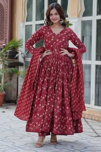 Maroon floral printed cotton kurta , plazzo & dupatta set