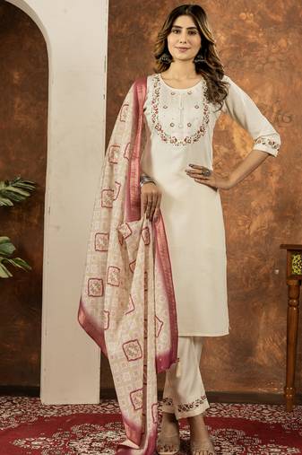 Off white marina silk thread embroidered salwar suit