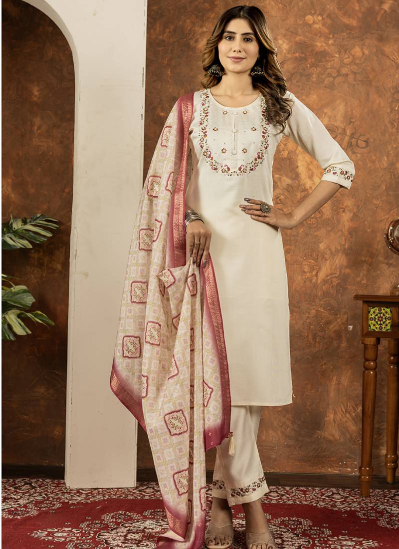 Off white marina silk thread embroidered salwar suit