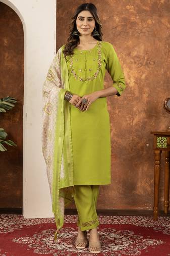 Parrot green marina silk thread embroidered salwar suit