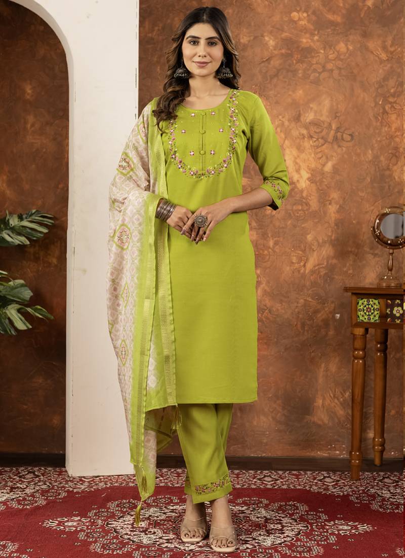 Parrot green marina silk thread embroidered salwar suit