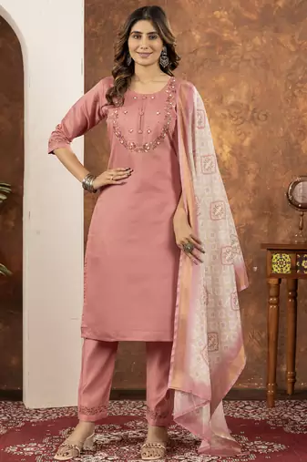Peach marina silk thread embroidered salwar suit