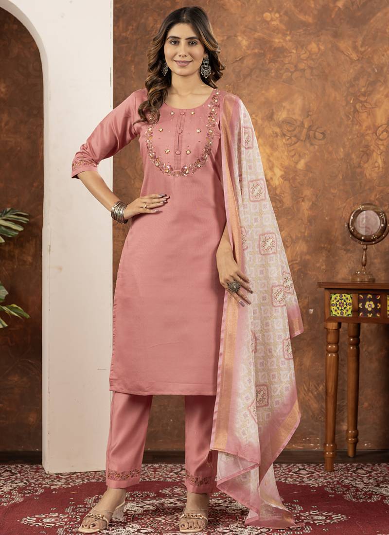Peach marina silk thread embroidered salwar suit