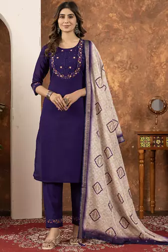 Purple marina silk thread embroidered salwar suit
