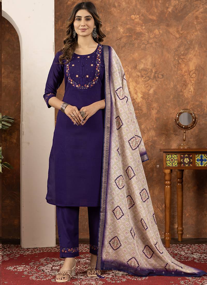 Purple marina silk thread embroidered salwar suit