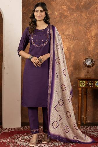 Wine marina silk thread embroidered salwar suit