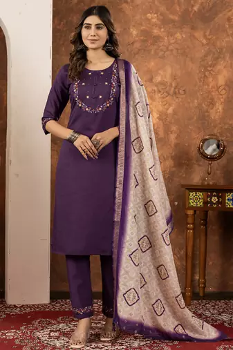 Wine marina silk thread embroidered salwar suit
