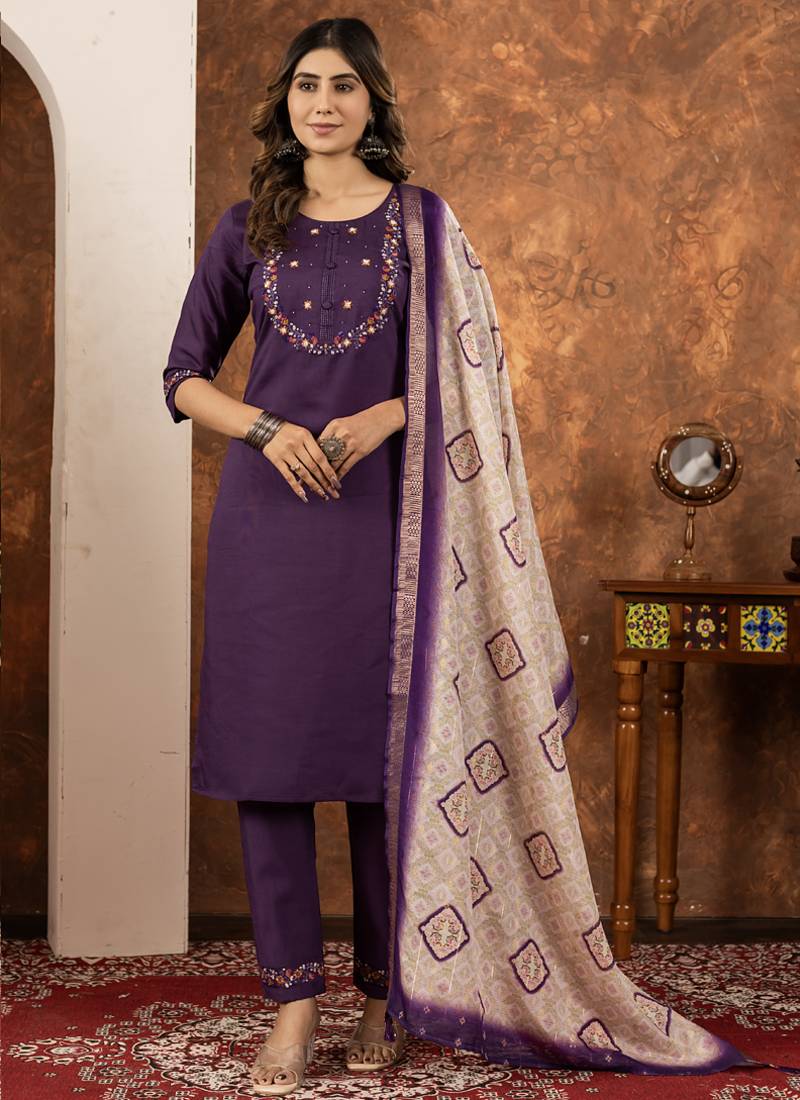 Wine marina silk thread embroidered salwar suit