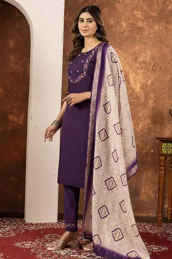 Wine marina silk thread embroidered salwar suit