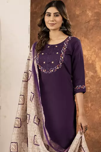 Wine marina silk thread embroidered salwar suit