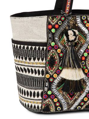 Boho Natural, Black & Multicolor Acrylic Jacquard & Cotton Canvas Trellis Embellished Tote Bag 7