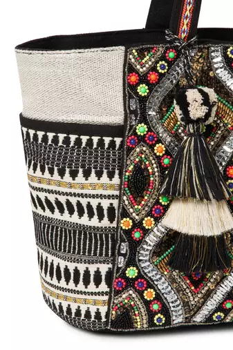 Boho Natural, Black & Multicolor Acrylic Jacquard & Cotton Canvas Trellis Embellished Tote Bag