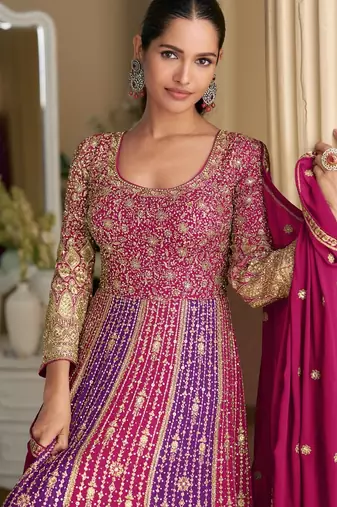 pink georgette work anarkali-Full Stitched Free size
