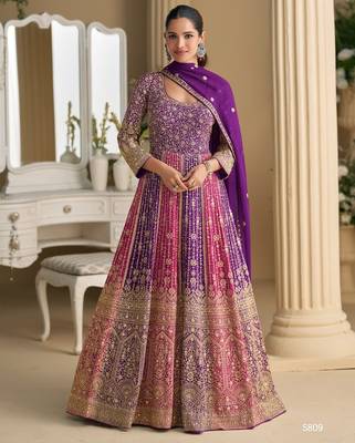 purple georgette work anarkali-Full Stitched Free size 1