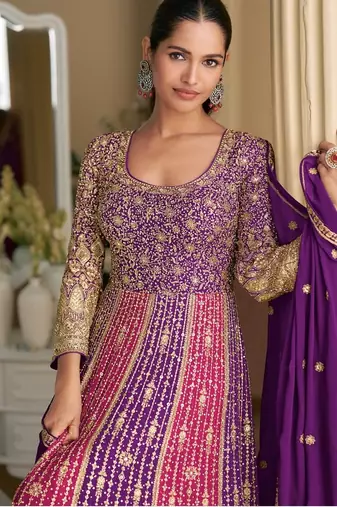 purple georgette work anarkali-Full Stitched Free size