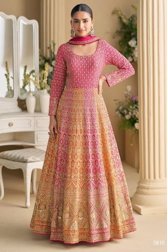 Pink georgette all over work anarkali full stitched wedding gowns