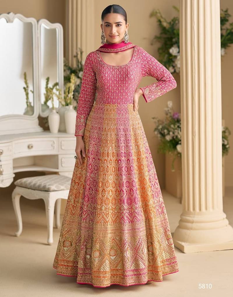 Pink georgette all over work anarkali full stitched wedding gowns
