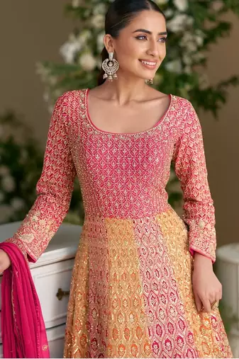 pink georgette work anarkali with dupatta-Full Stitched Free size