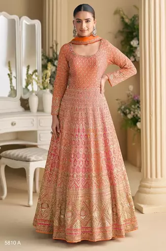 Orange georgette all over work anarkali full stitched wedding gowns