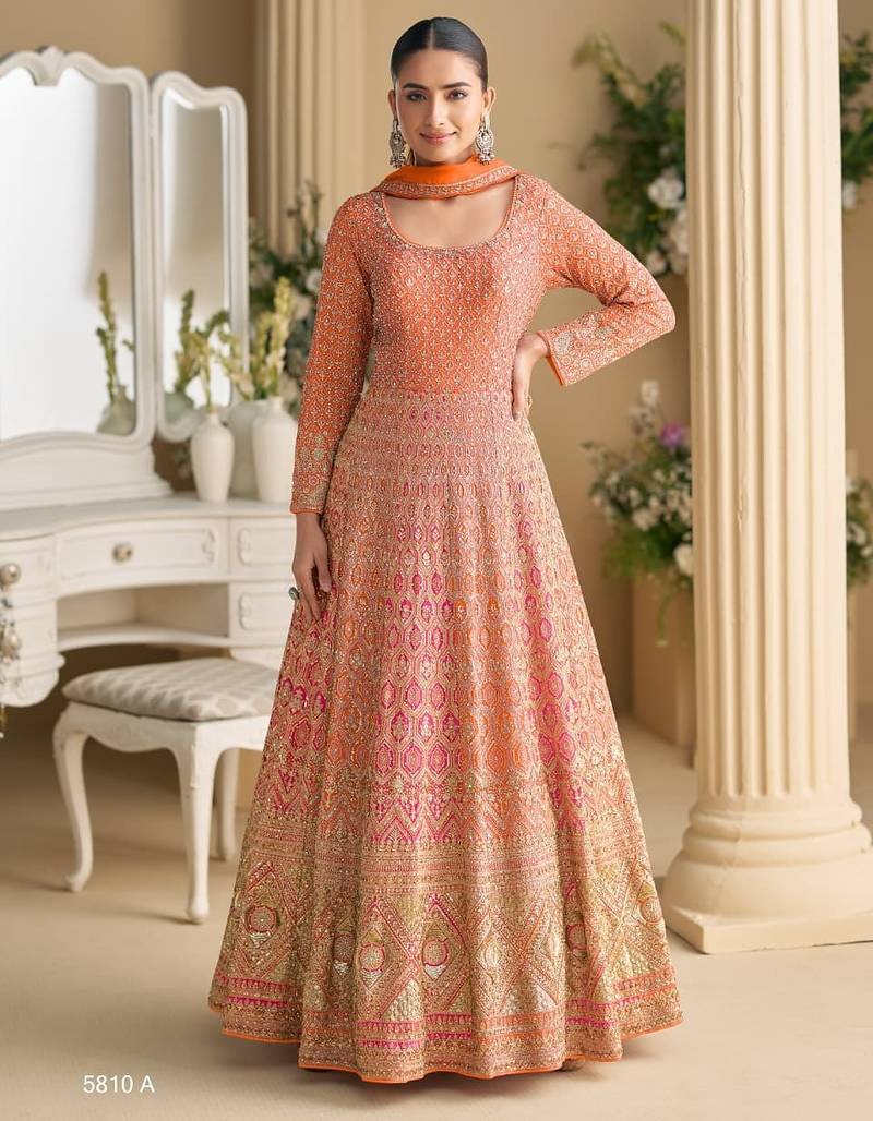 Orange georgette all over work anarkali full stitched wedding gowns