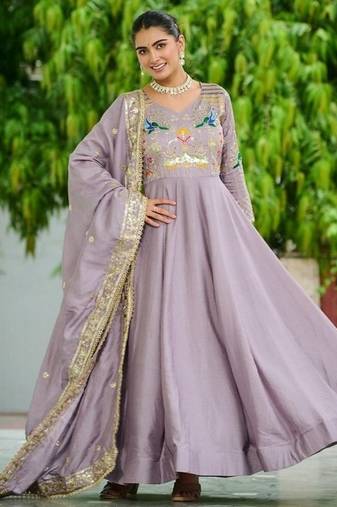 Onion pink zari & sequins embroidered work vichitra silk stitched kurta & dupatta set