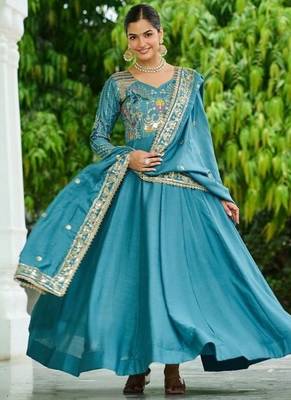 Sky blue zari & sequins embroidered work vichitra silk stitched kurta & dupatta set 1