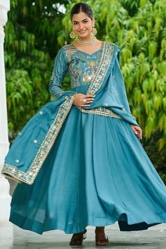 Sky blue zari & sequins embroidered work vichitra silk stitched kurta & dupatta set